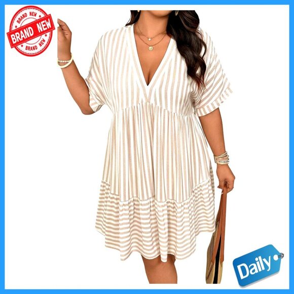 Other - Plus Size Striped Ruffle Dress Deep V Neck Half Sleeve Flowy Babydoll